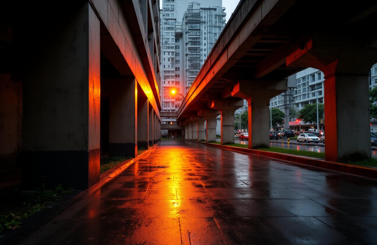 Gritty Singapore urban landscape at night