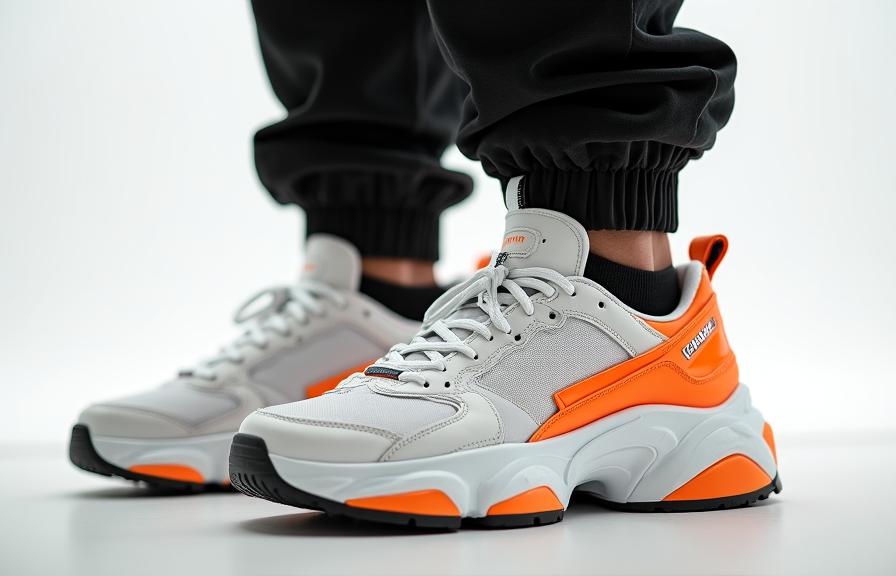 Close up of chunky techwear sneakers with wide legged sweatpants