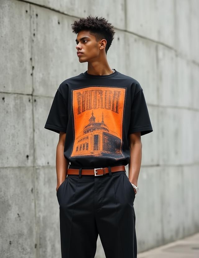 Street style look featuring a baggy graphic tee and slim tailored trousers